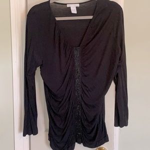 Black V neck long sleeve top with beaded detail